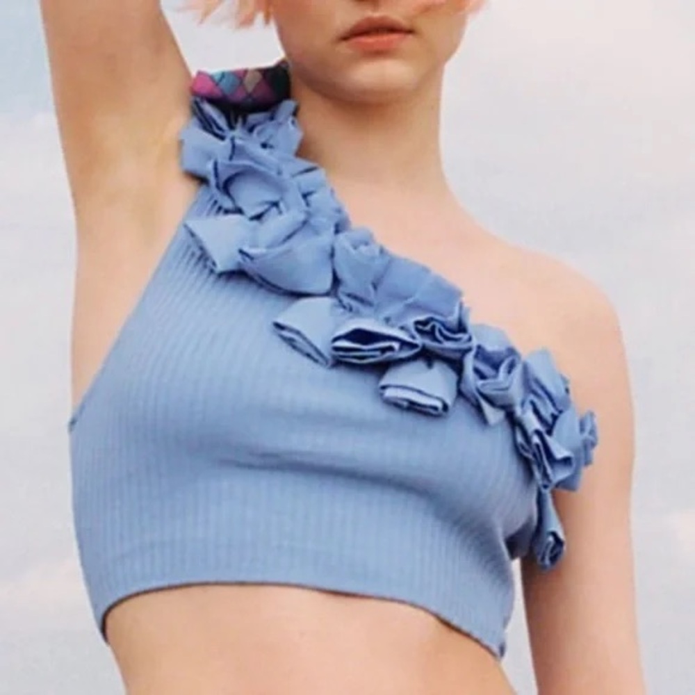 ZARA asymmetrical blue flower-like ruffle ribbed top